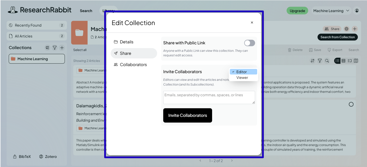 sharing collection with teams in researchrabbit