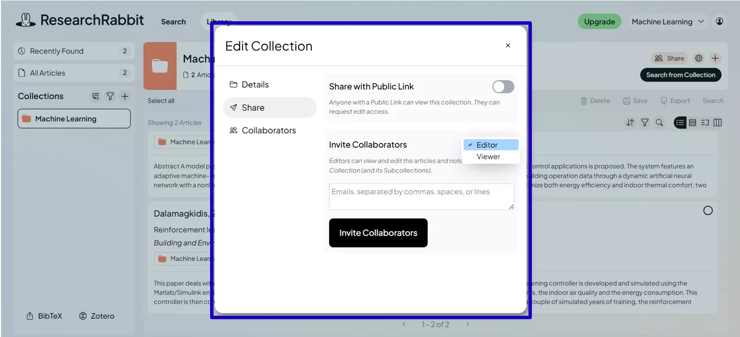 sharing collection with teams in researchrabbit
