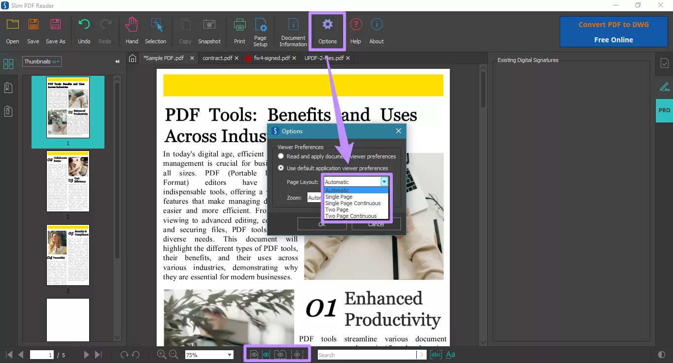 slim pdf reader page layout options