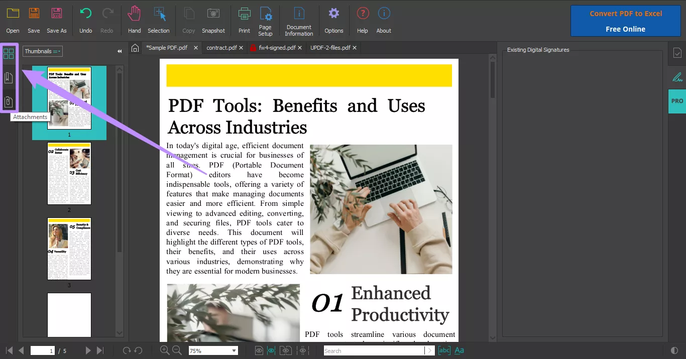  view thumbnails, bookmarks, and attachments