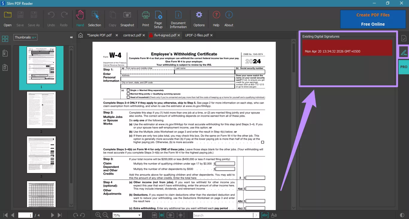 view existing digital signatures in slim pdf