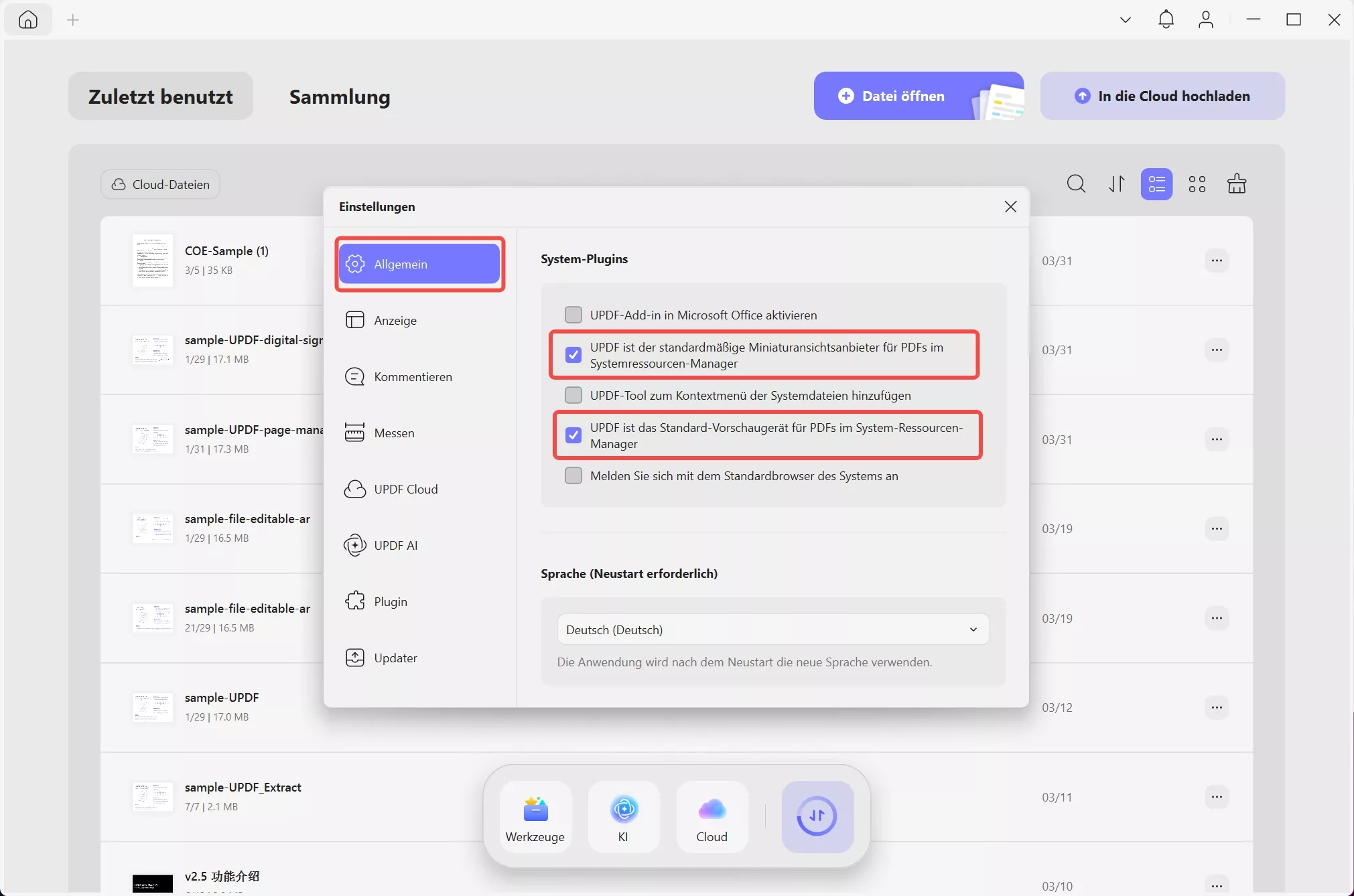 Anbieter für Miniaturansichten im Standard-Viewer von updf festlegen