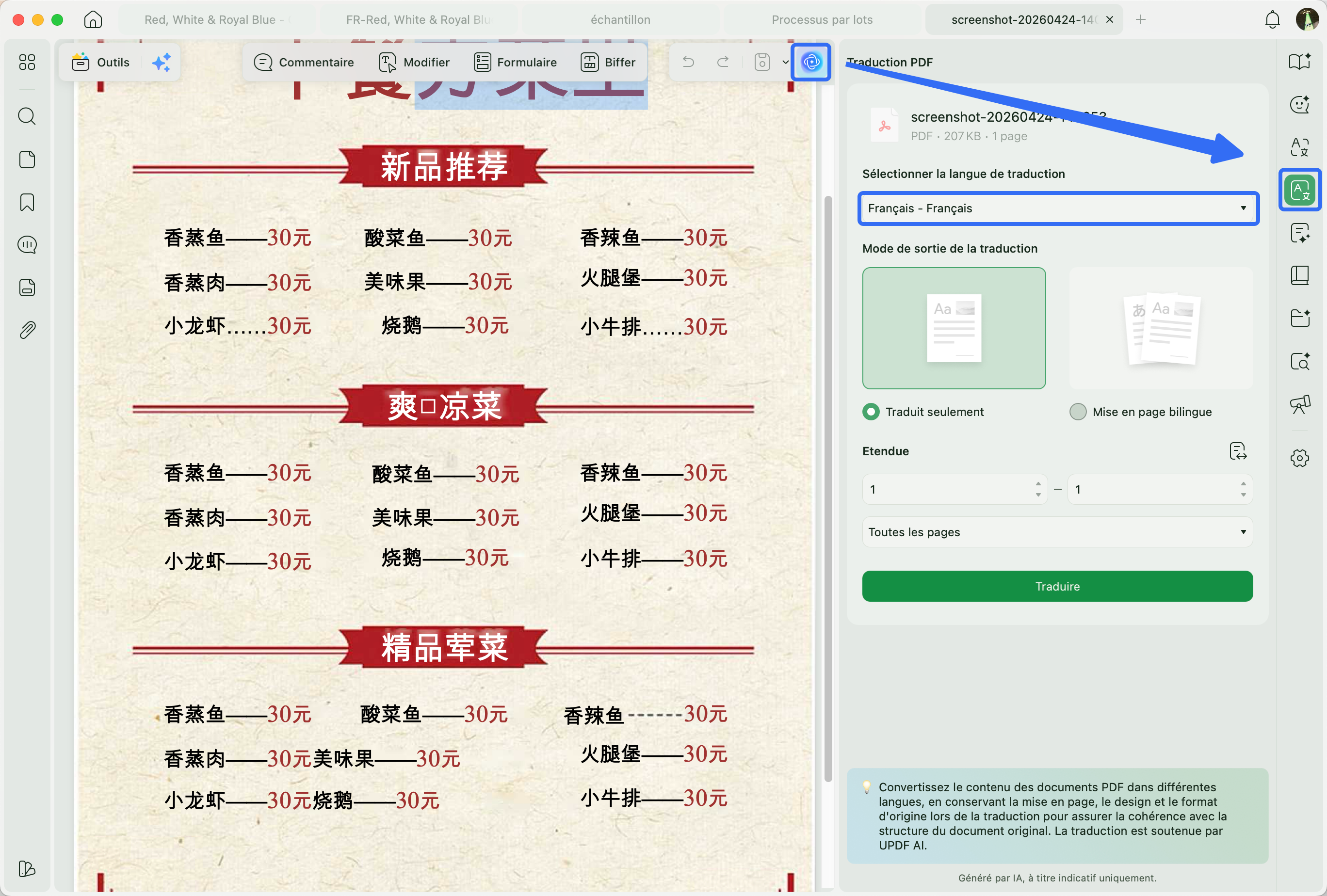 Traduire une image du chinois vers francais avec UPDF sur mac