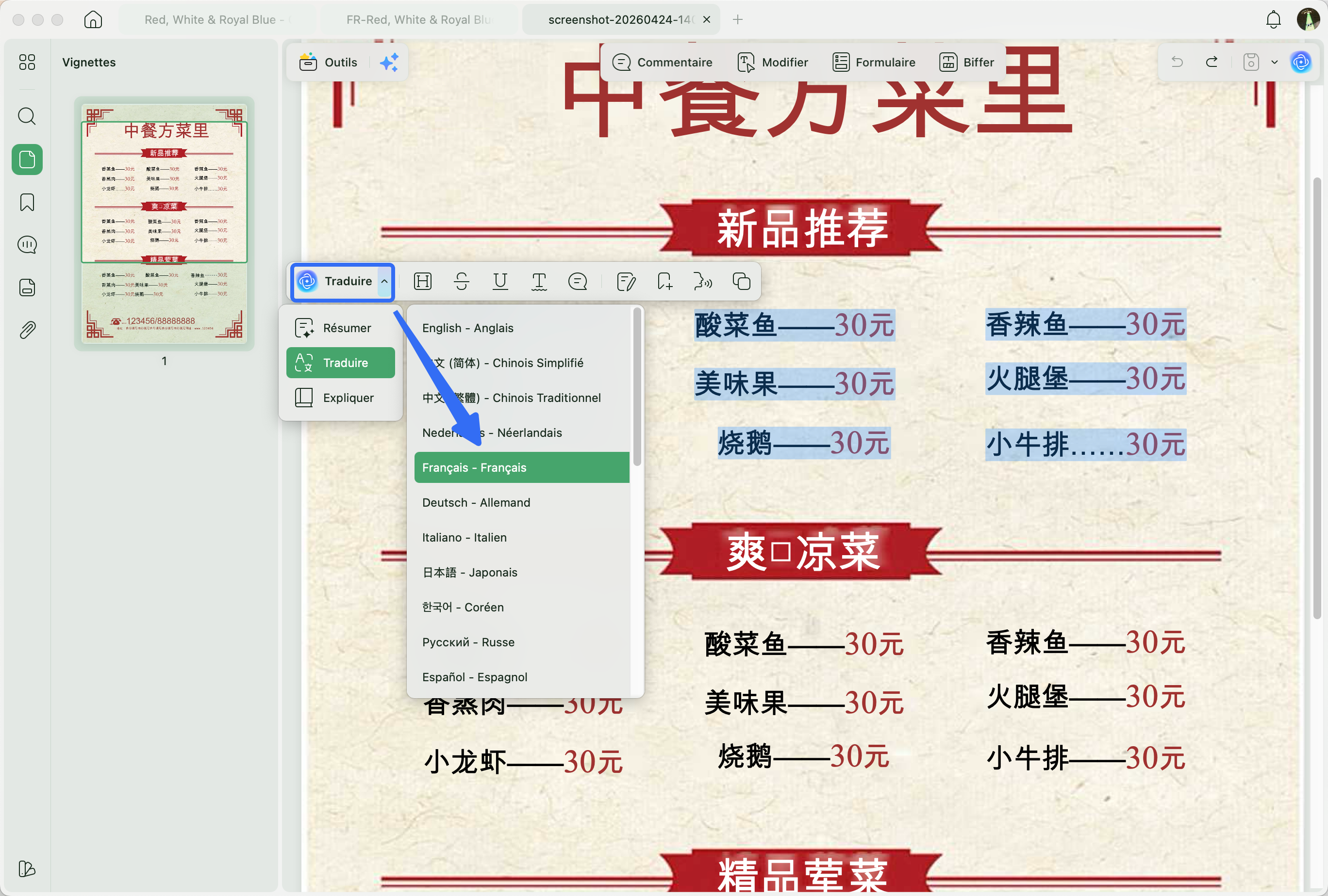 Traduire une image contenant du chinois en francais avec UPDF sur mac