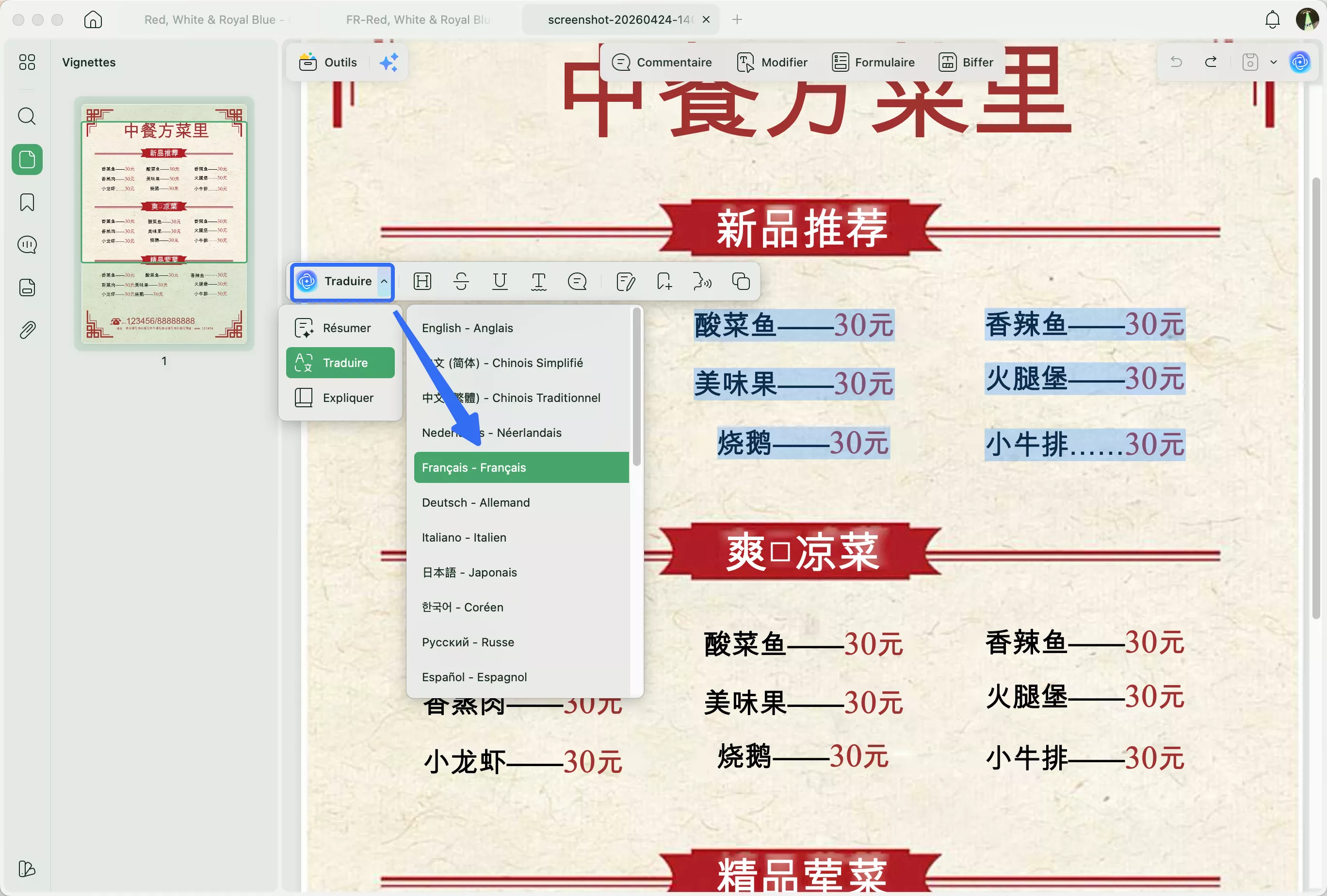 Traduire une image contenant du chinois en francais avec UPDF sur mac