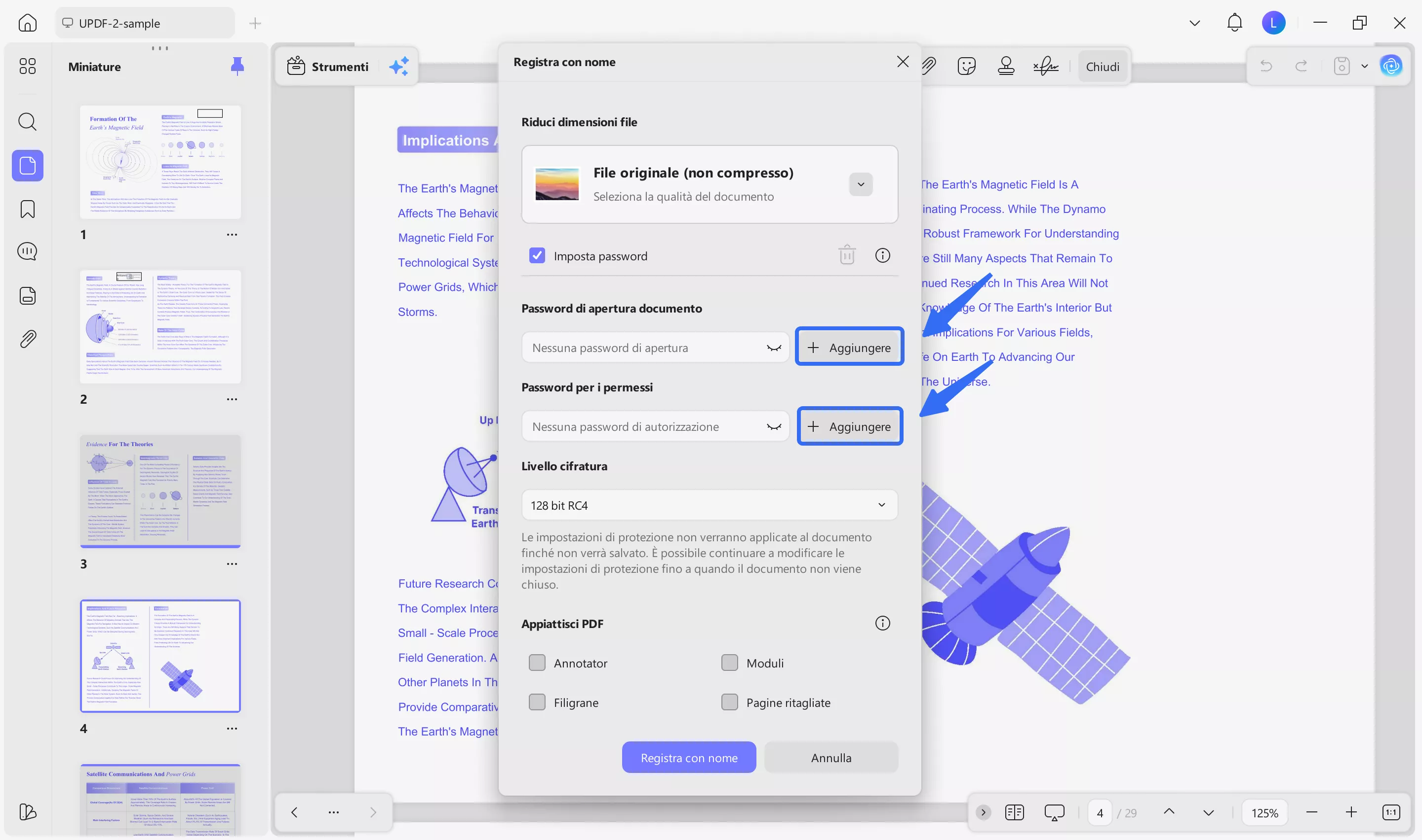 add open and permissions password 
