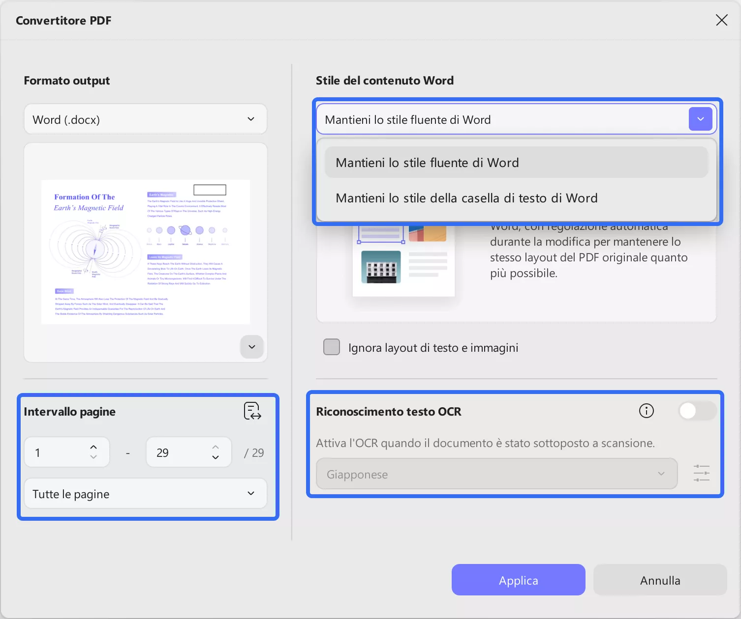 choose the word content style, page range, and ocr