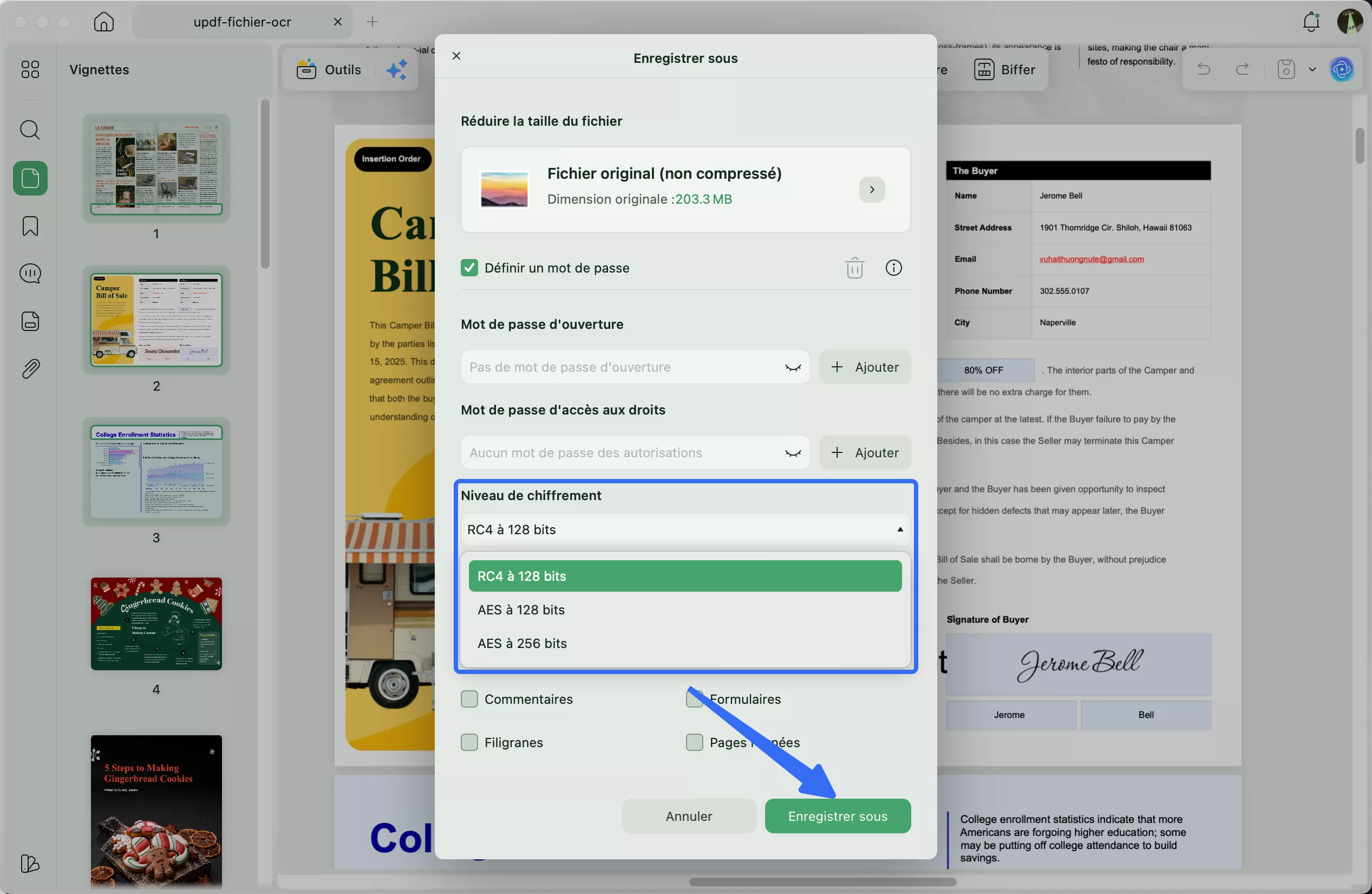 Choisissez un niveau de chiffrement et cliquez sur Enregistrer sous