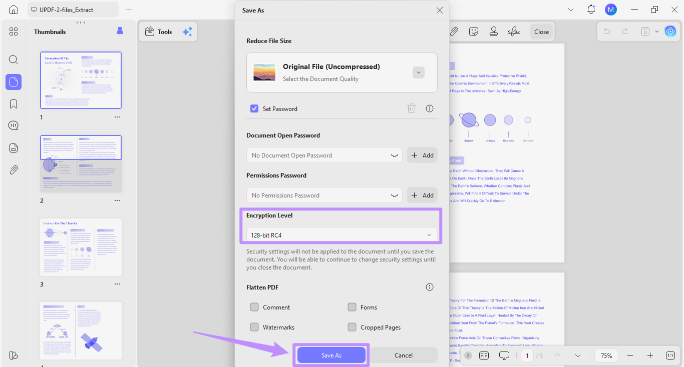  choose an encryption level and click save as