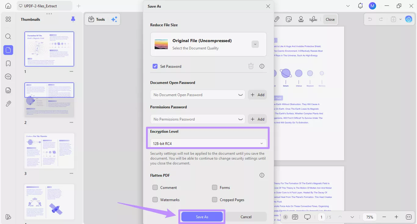  choose an encryption level and click save as