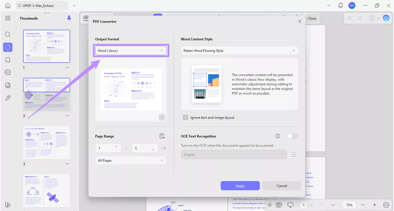 output format set to word