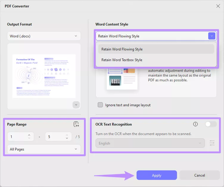 choose the word content style, page range, and ocr
