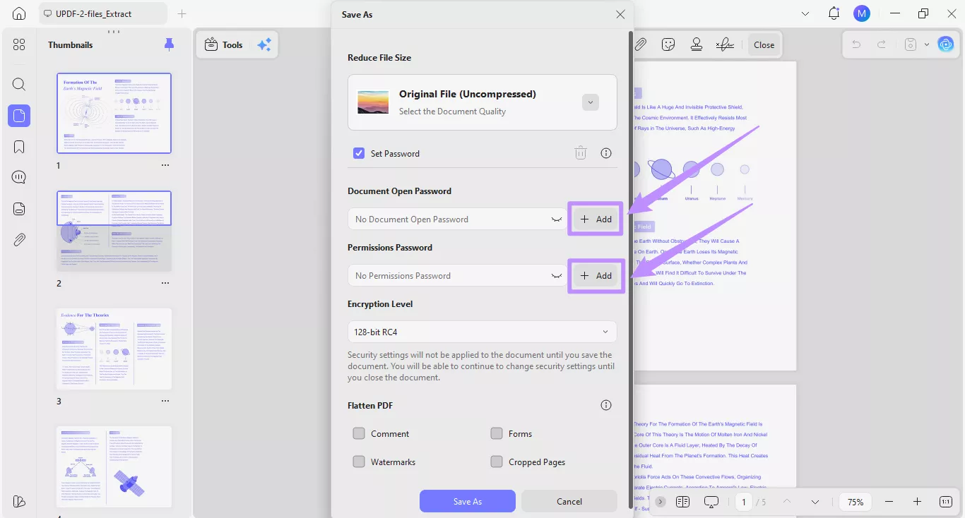 add open and permissions password
