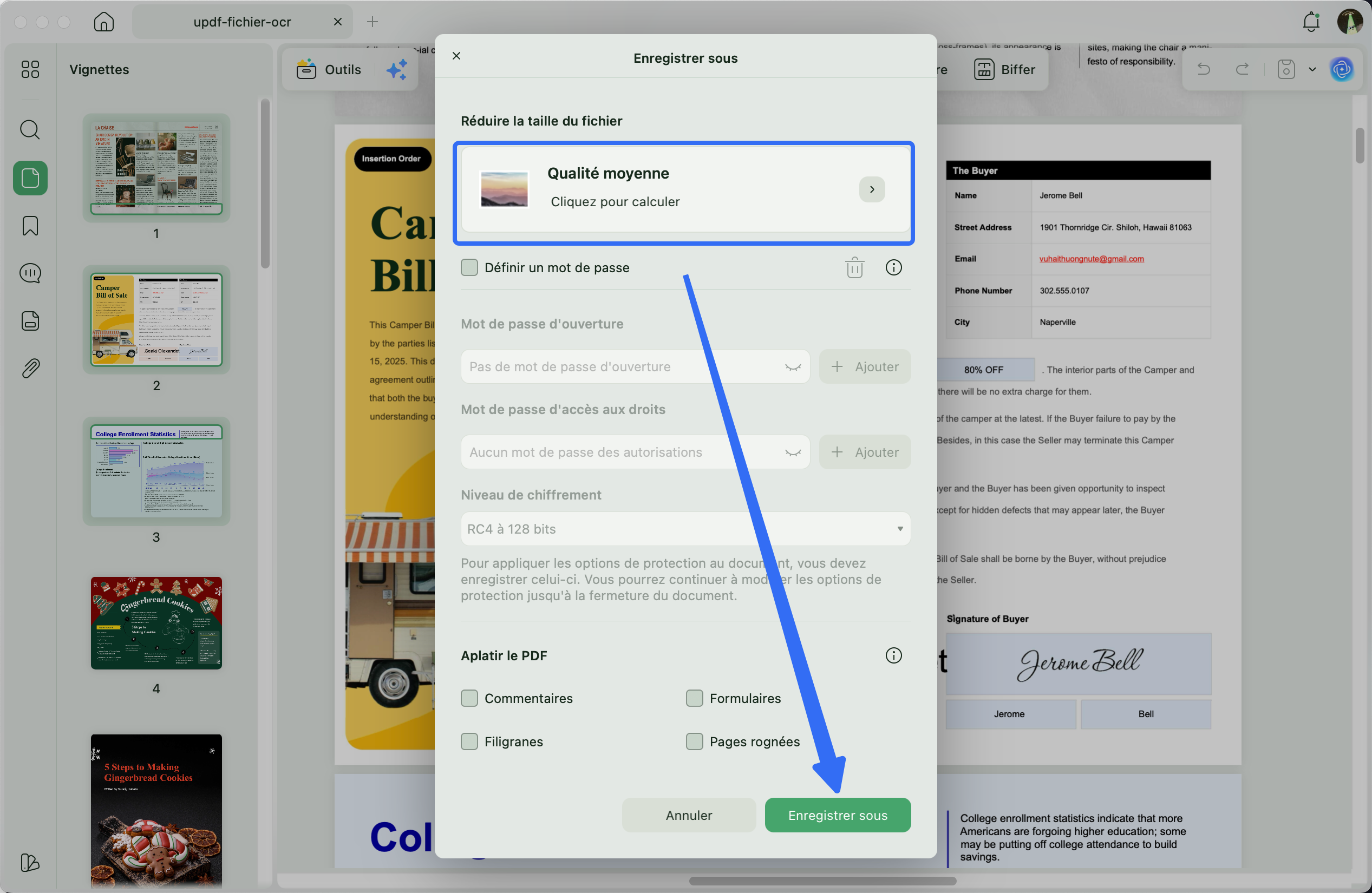 Confirmez le niveau de compression de faible qualité et cliquez sur Enregistrer sous