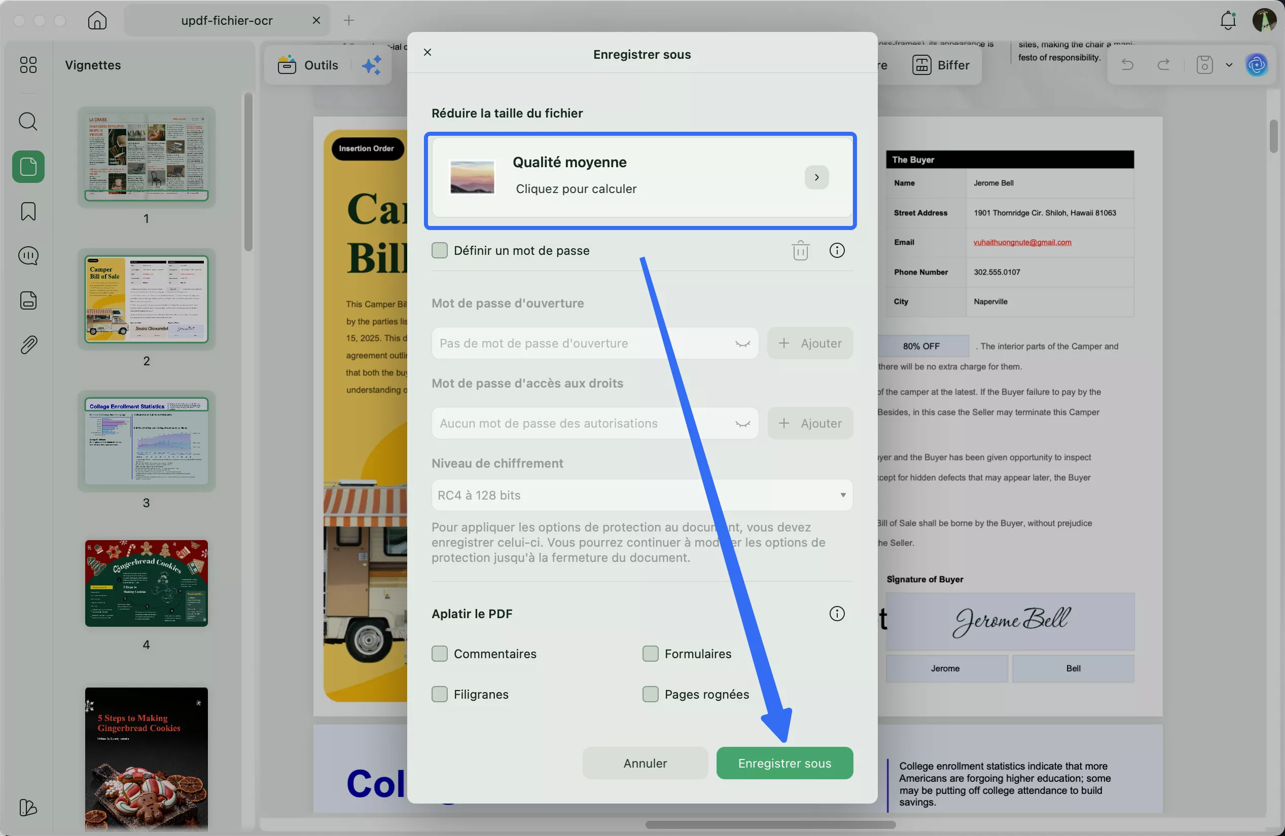 Confirmez le niveau de compression de faible qualité et cliquez sur Enregistrer sous