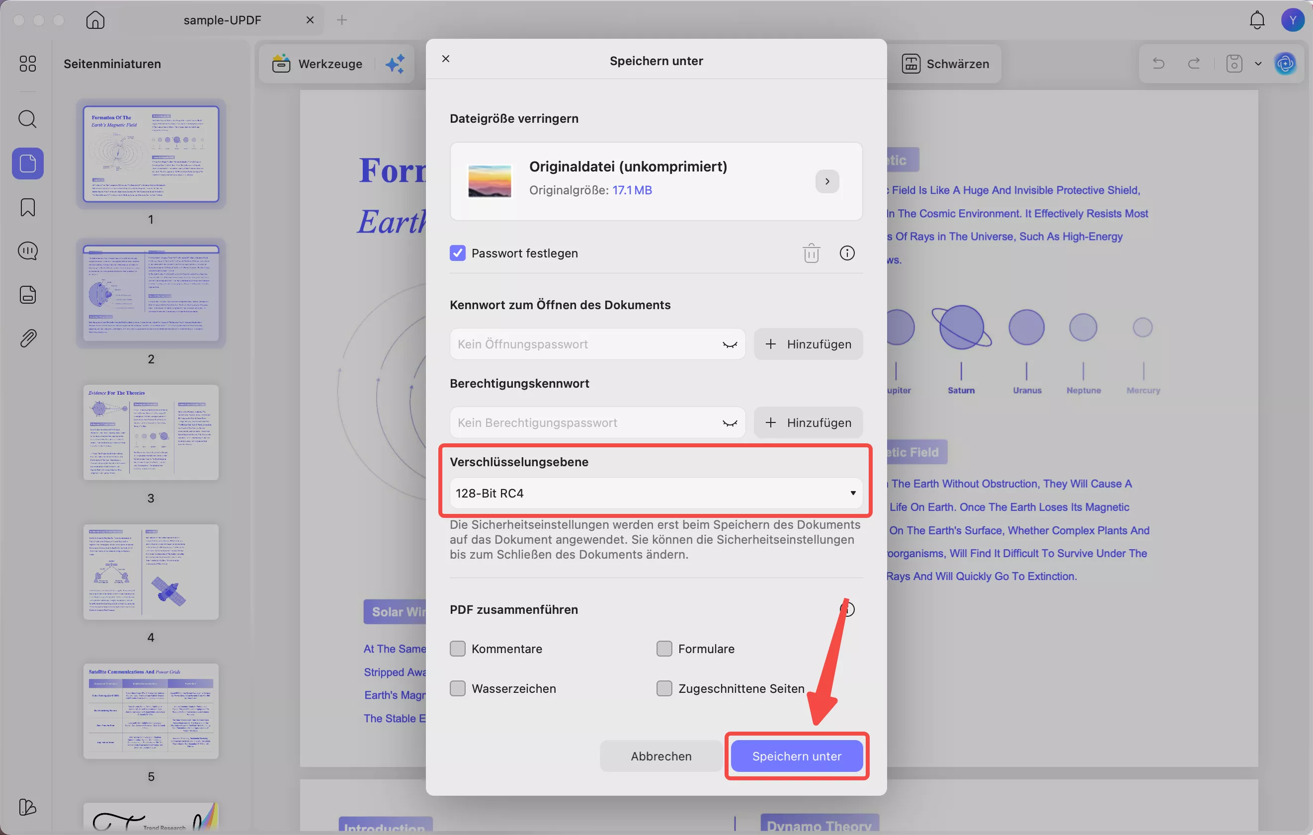 Wählen Sie eine Verschlüsselungsstufe aus und klicken Sie auf „Speichern unter“