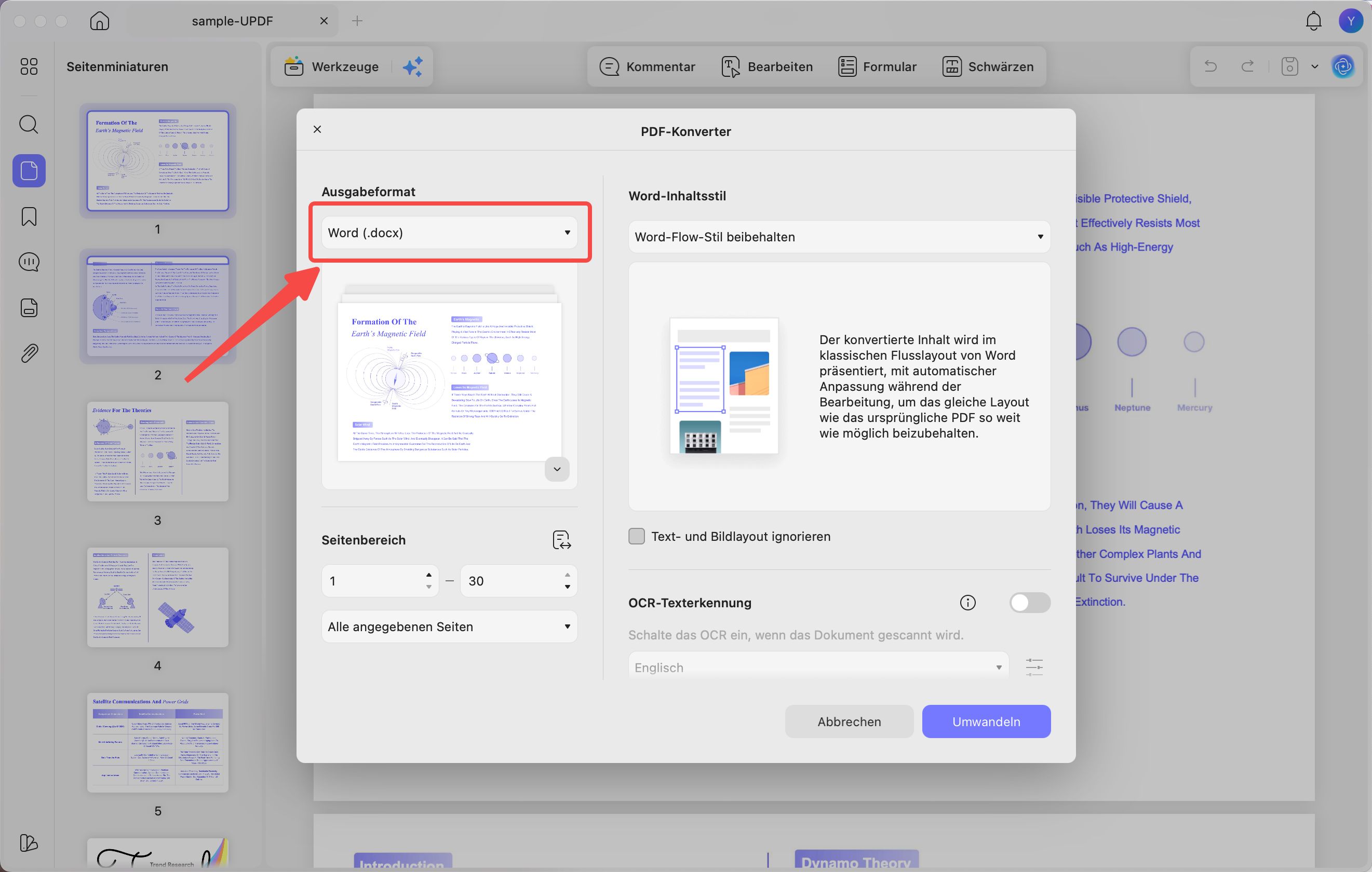 Ausgabeformat auf „Word“ eingestellt