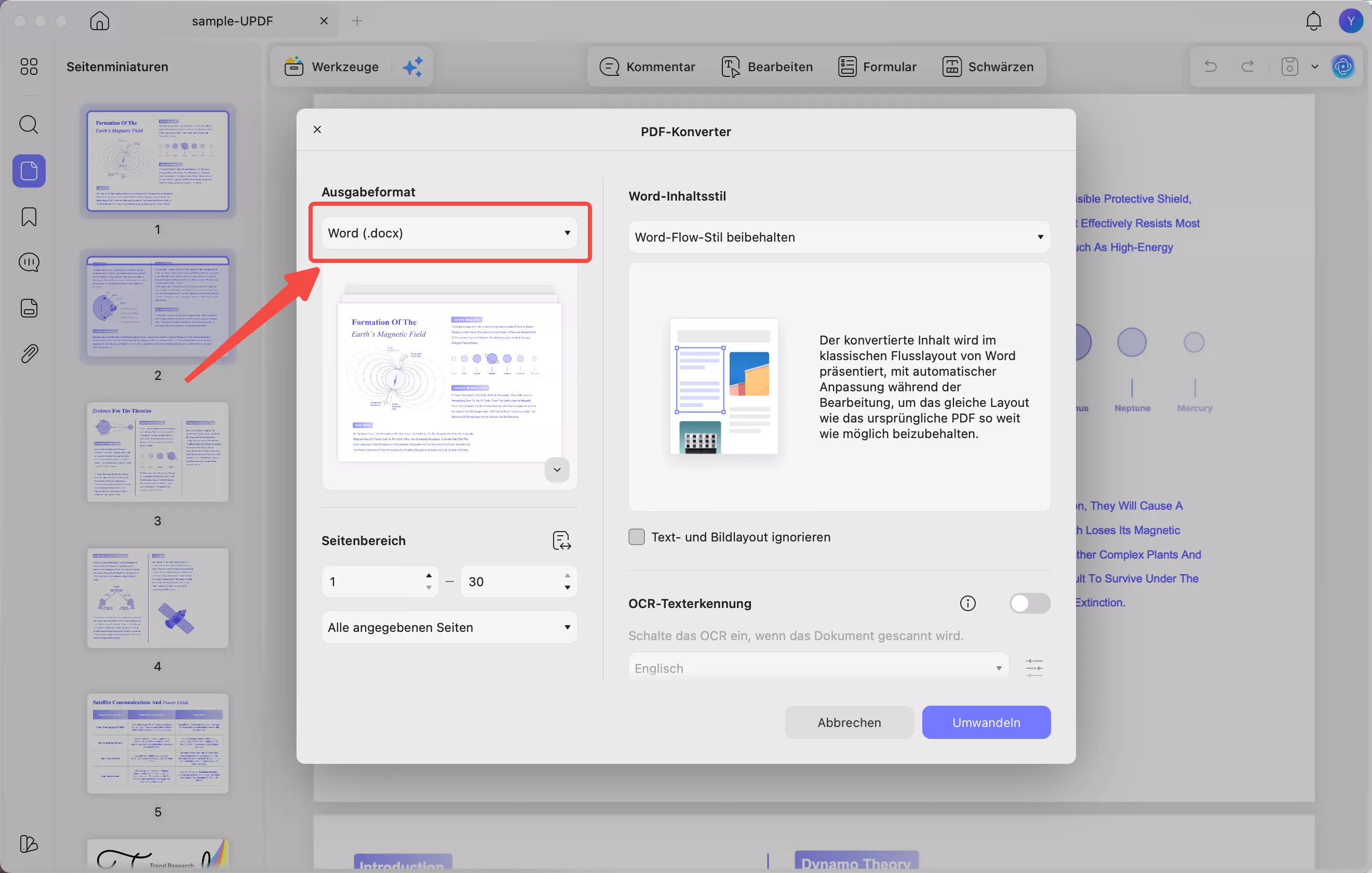 Ausgabeformat auf „Word“ eingestellt