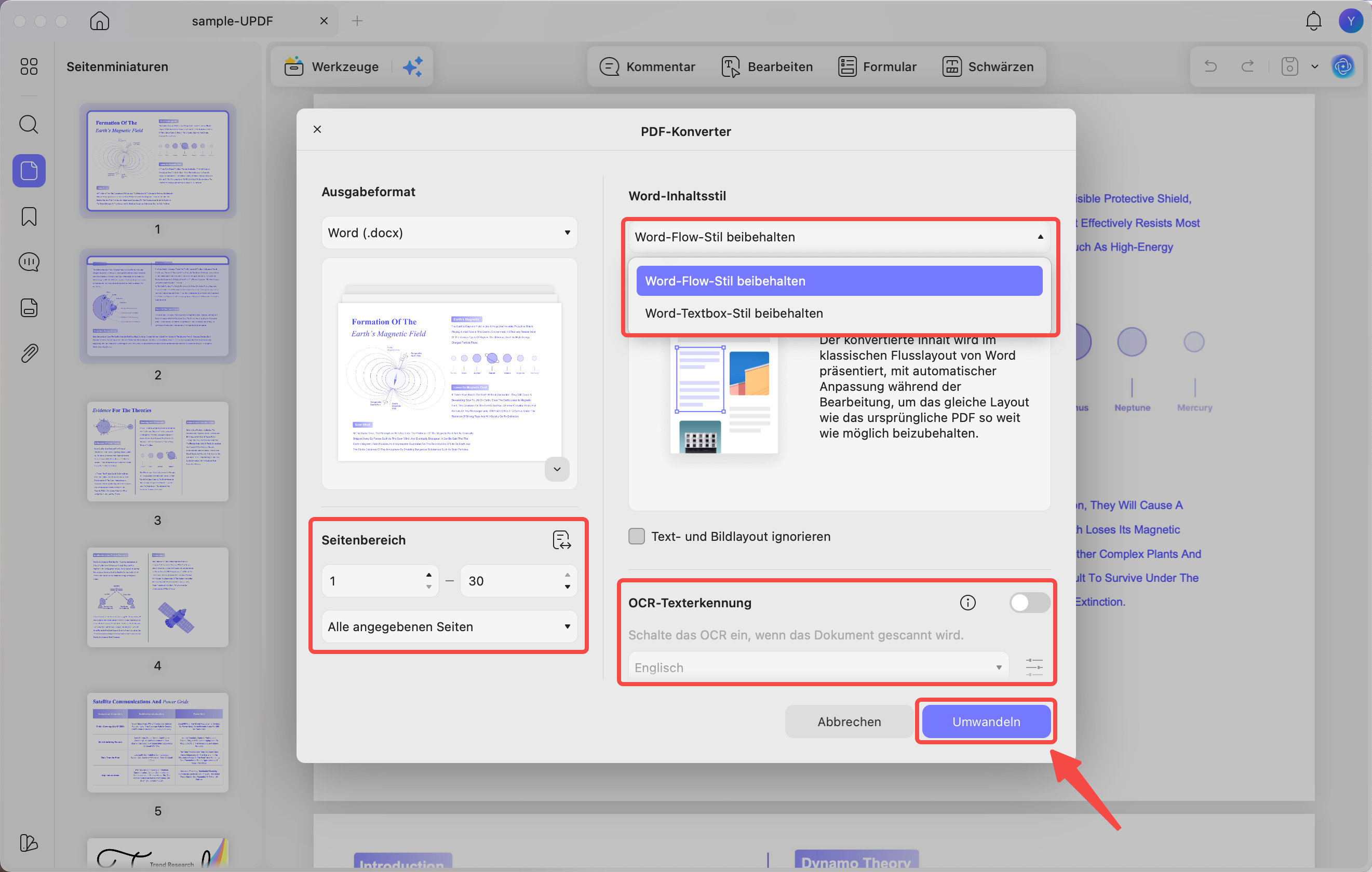 Wählen Sie den Textstil, den Seitenbereich und die OCR-Option aus
