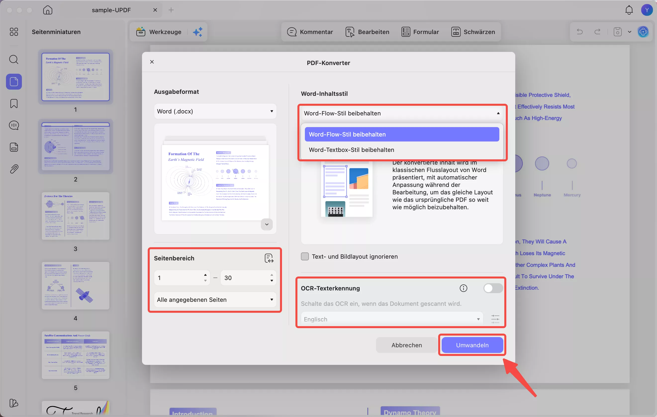 Wählen Sie den Textstil, den Seitenbereich und die OCR-Option aus