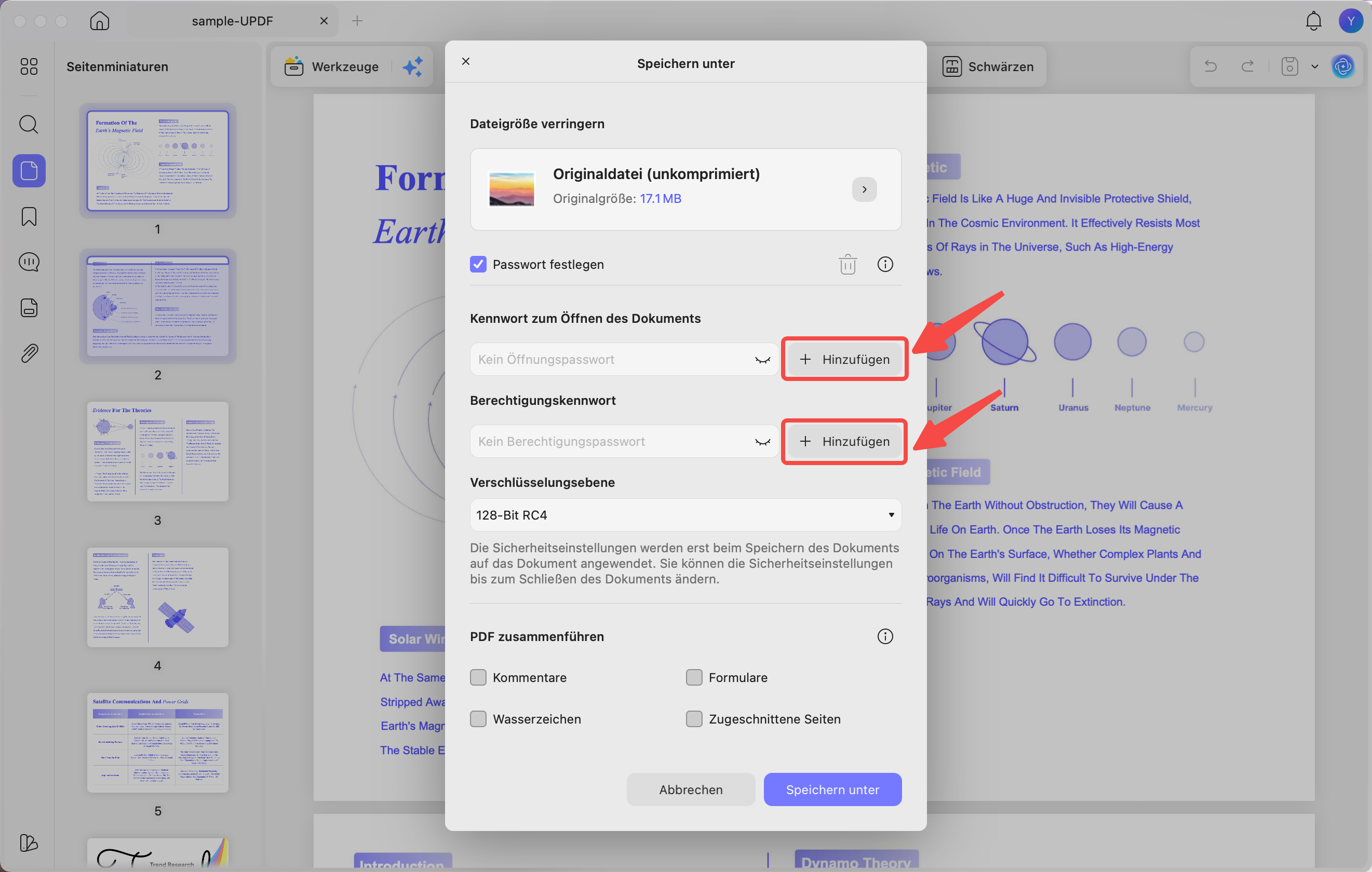 Öffnen und Berechtigungen hinzufügen, Passwort