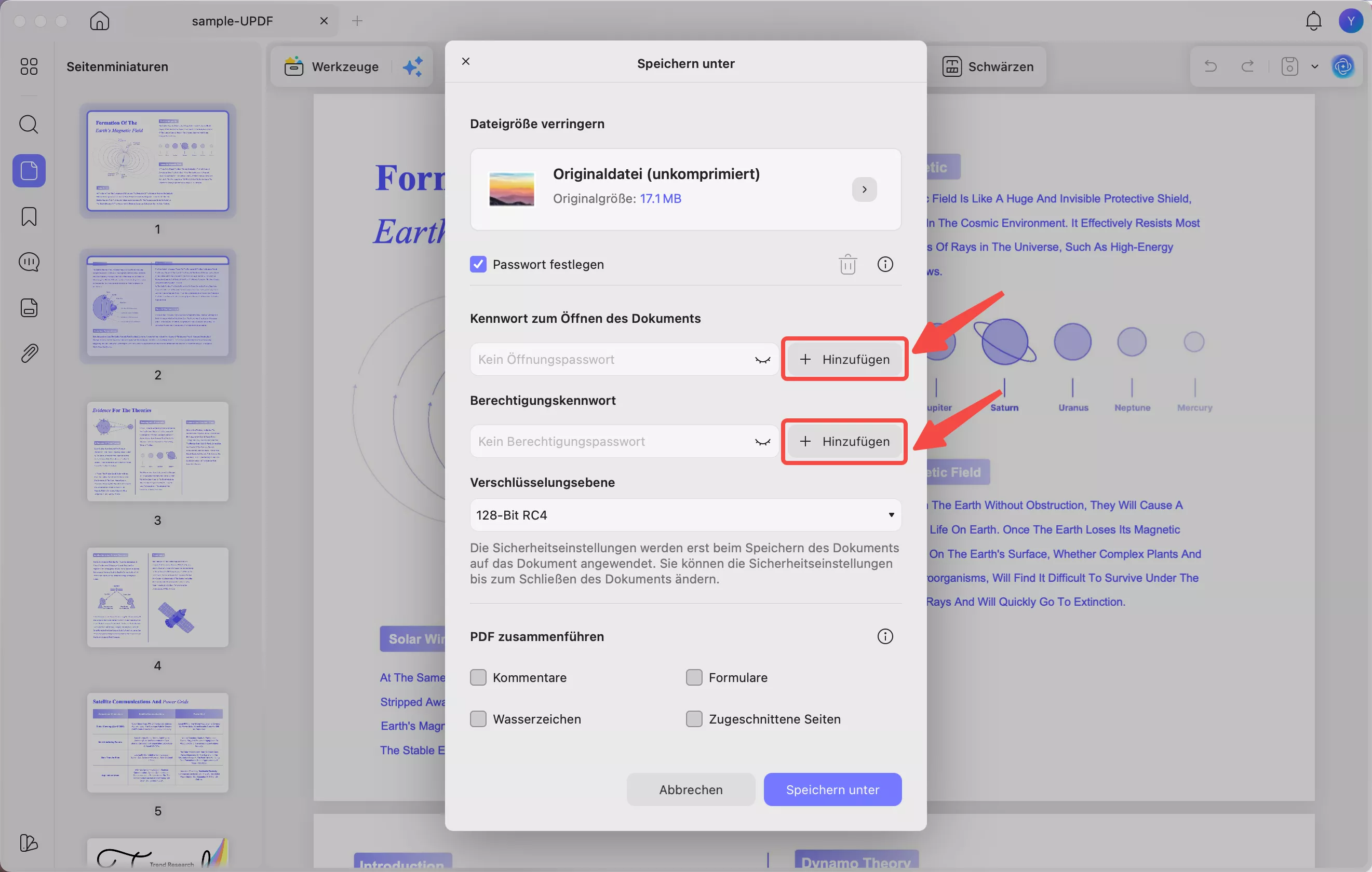 Öffnen und Berechtigungen hinzufügen, Passwort