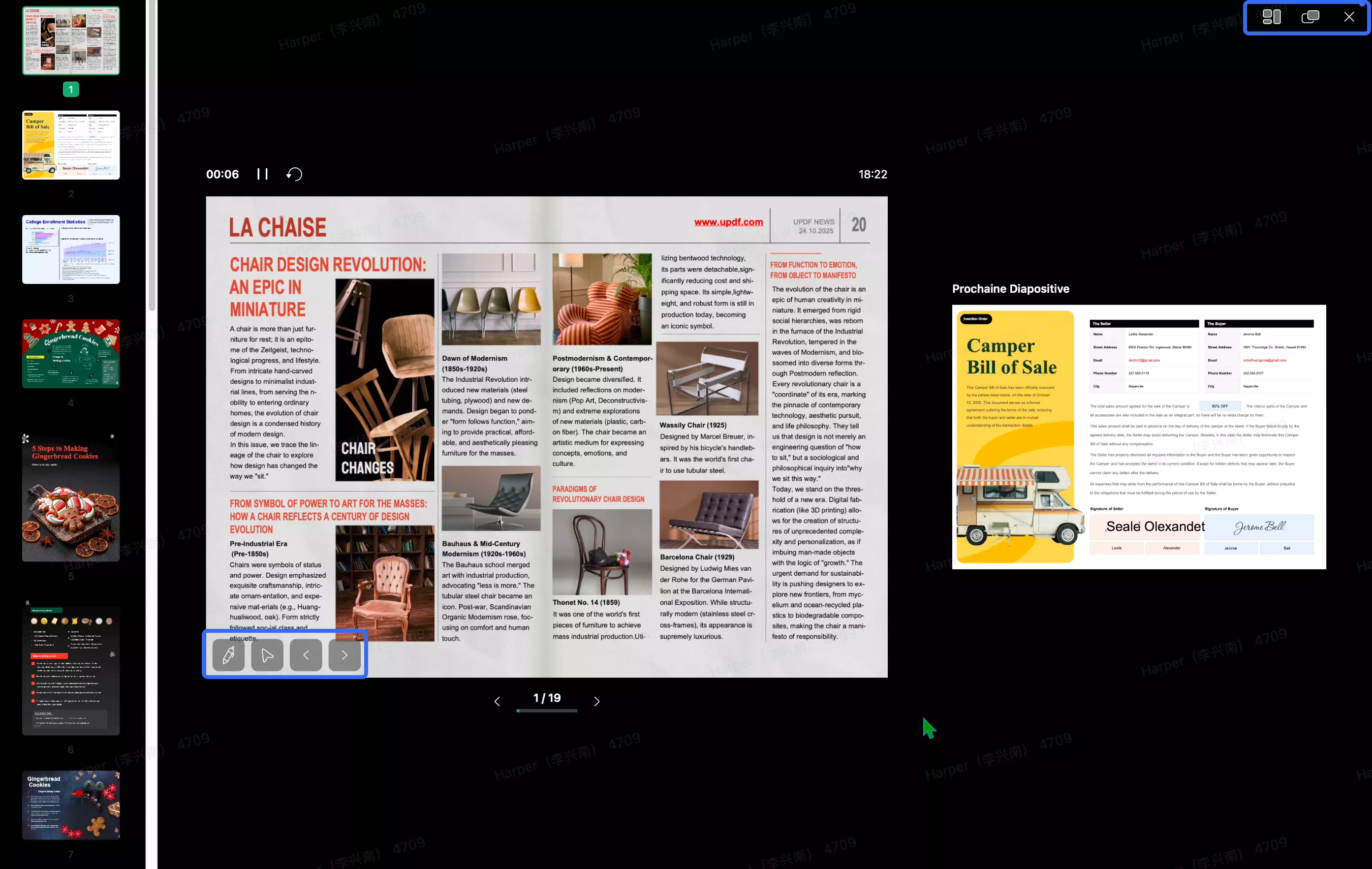 commandes du mode diaporama updf