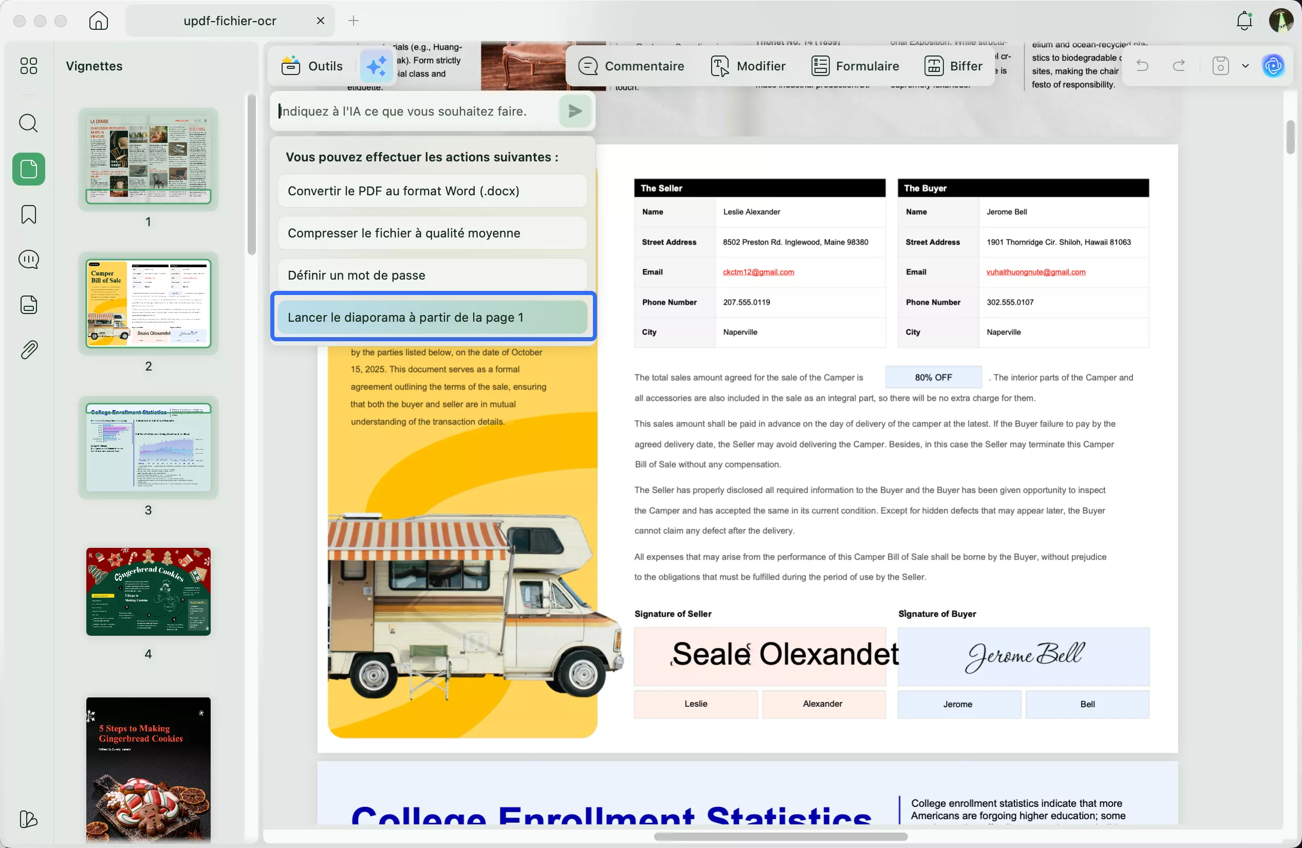 commandes du mode diaporama updf
