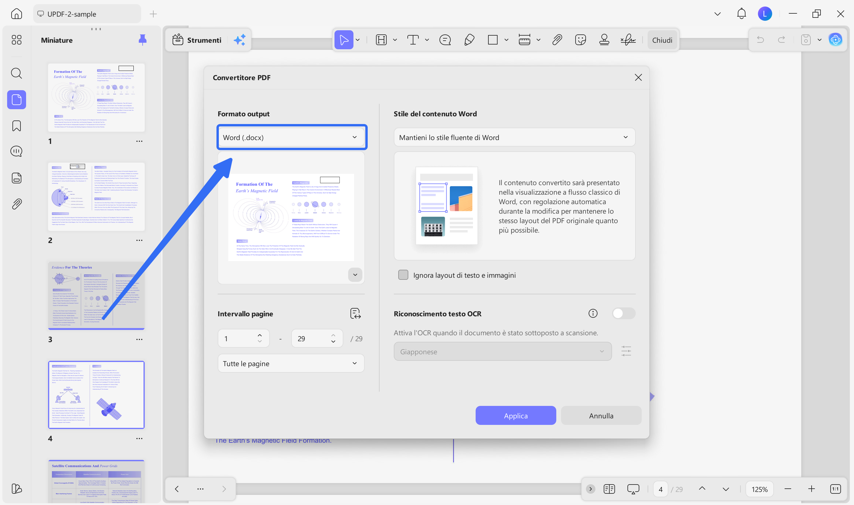 output format set to word