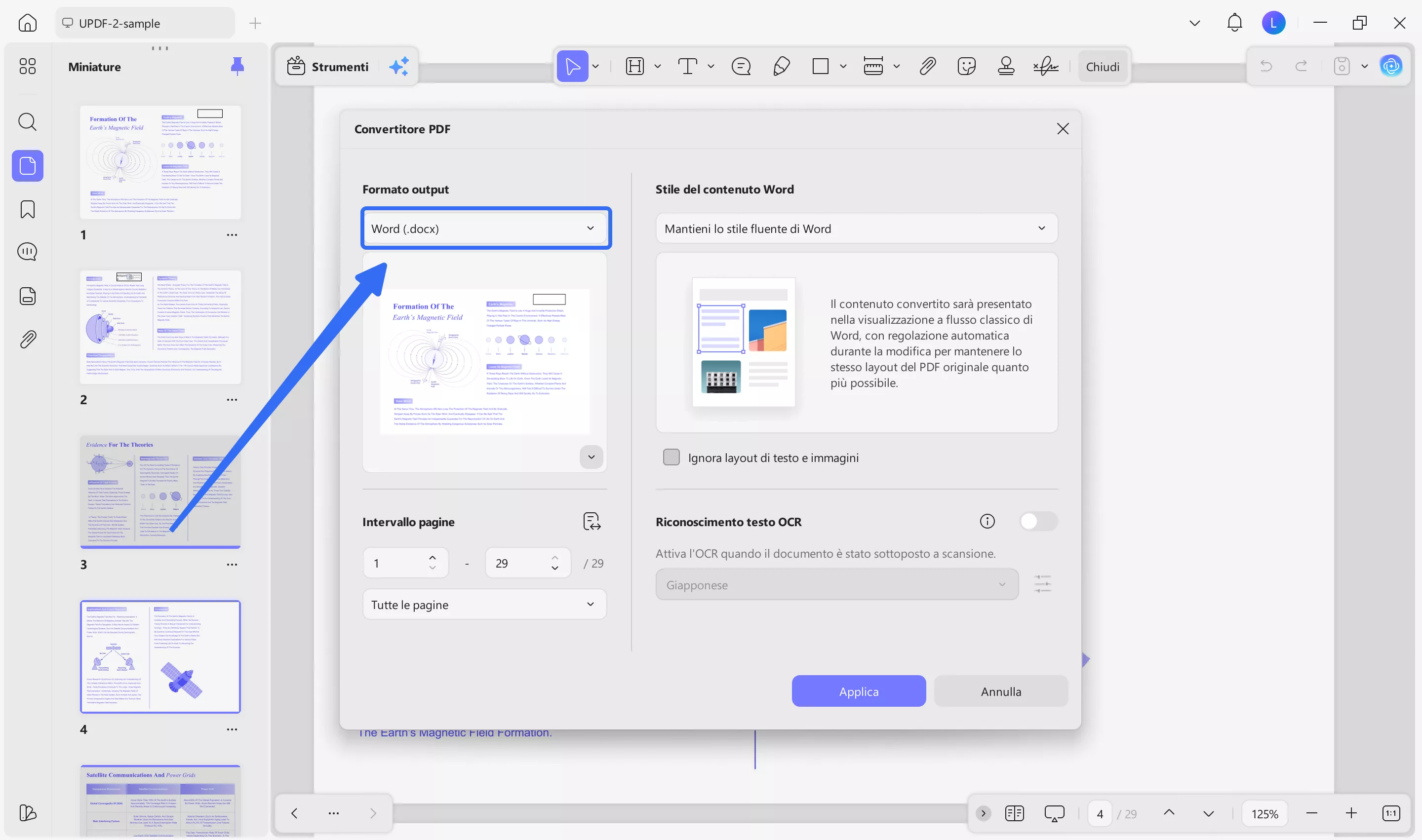 output format set to word