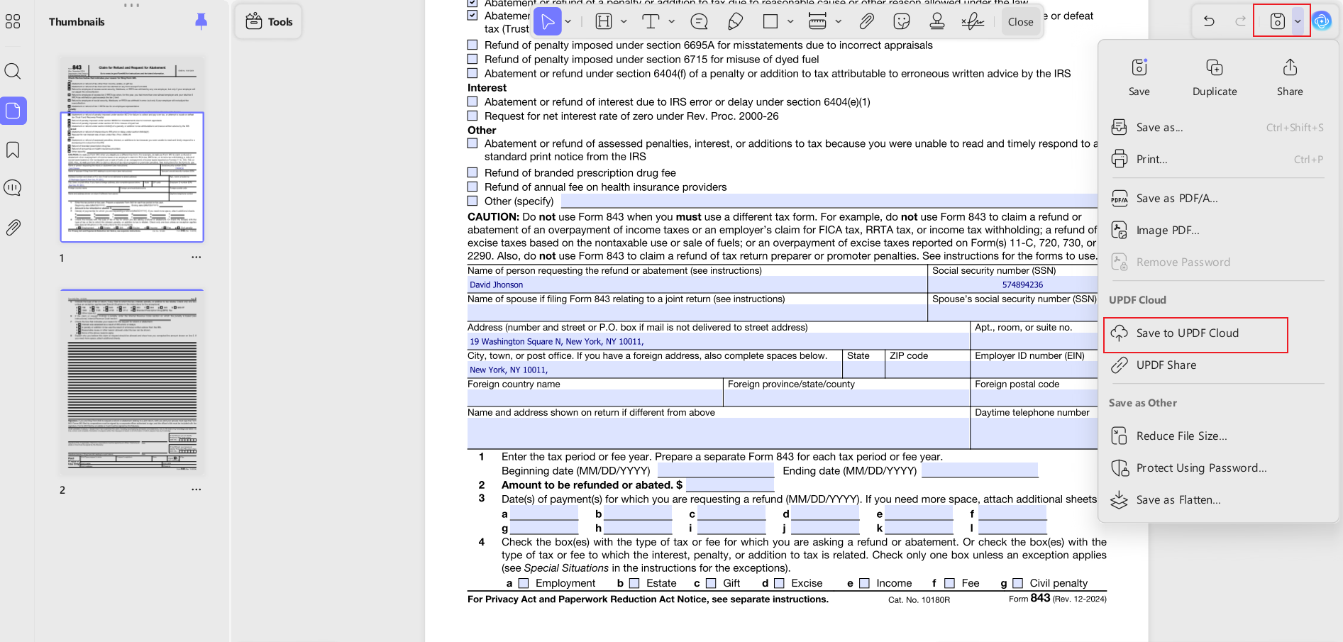 updf saving irs form 843