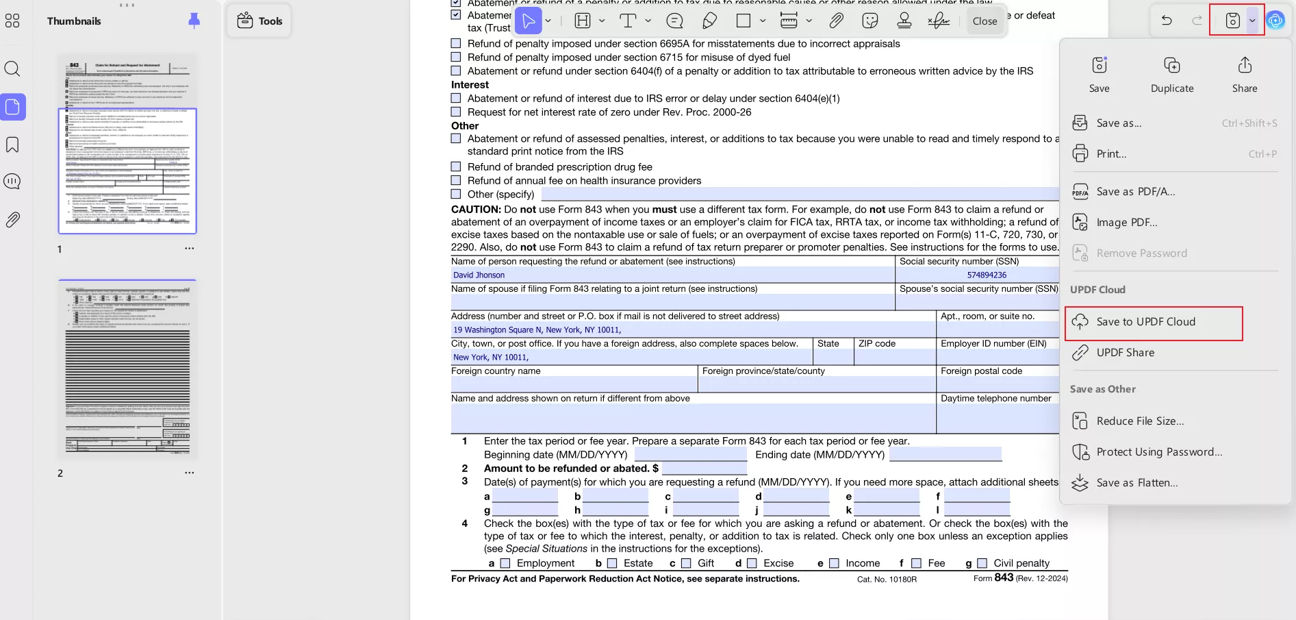 updf saving irs form 843