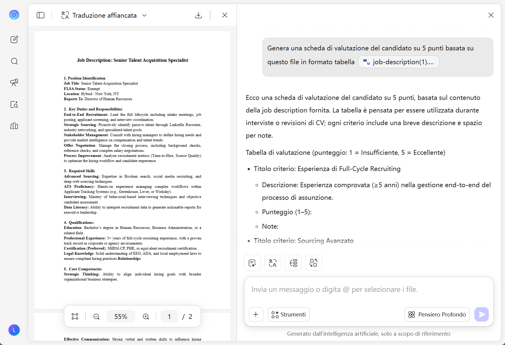 Anteprima generatore di schede di valutazione candidati