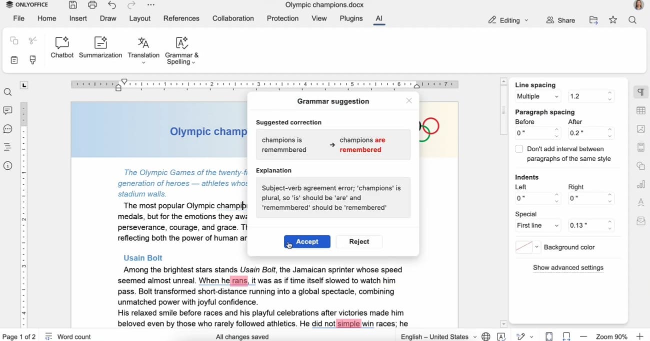 check grammar mistakes built in onlyoffice