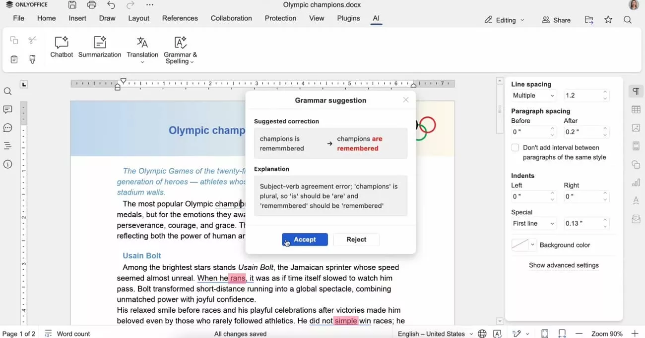 check grammar mistakes built in onlyoffice