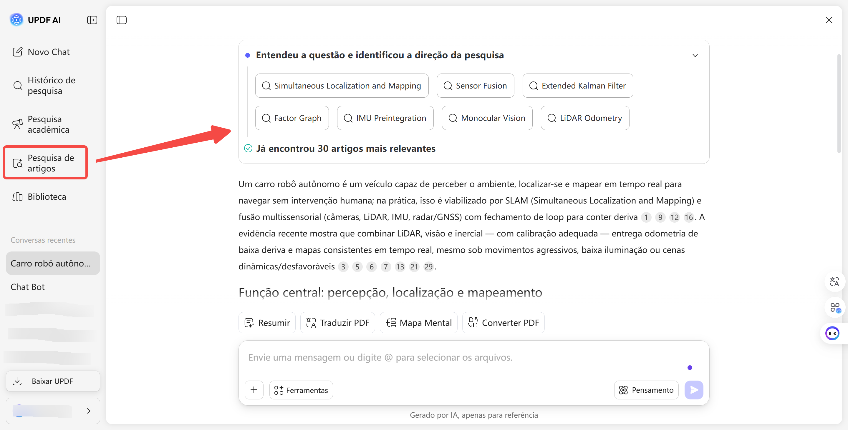 Pesquisa de artigos com UPDF AI