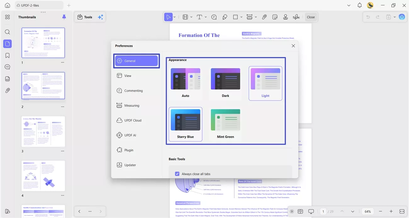 change updf appearance theme personal preference
