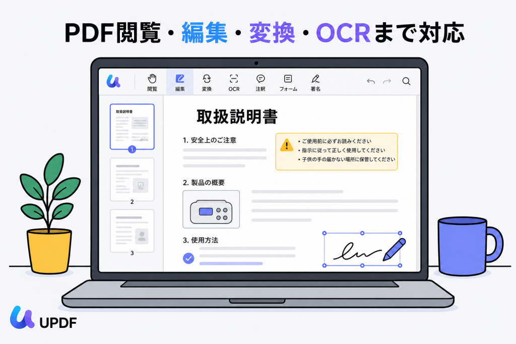 UPDFでPDFを閲覧、注釈、編集、変換、OCR対応するデスクトップ画面のイラスト