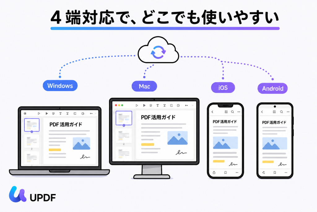 Windows、Mac、iOS、AndroidでPDFを同期・閲覧できるUPDFのマルチデバイスイメージ
