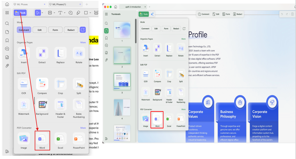 Converting PDF back to Word, Windows & iOS side by side