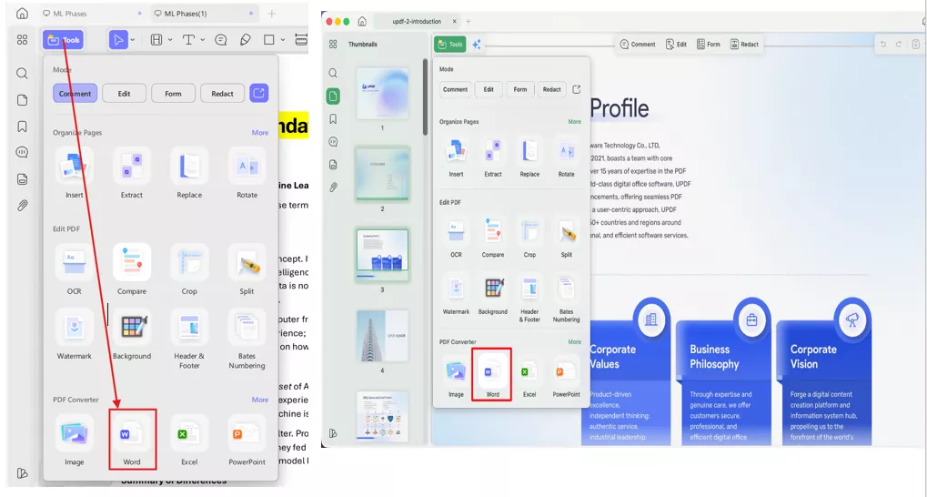 Converting PDF back to Word, Windows & iOS side by side
