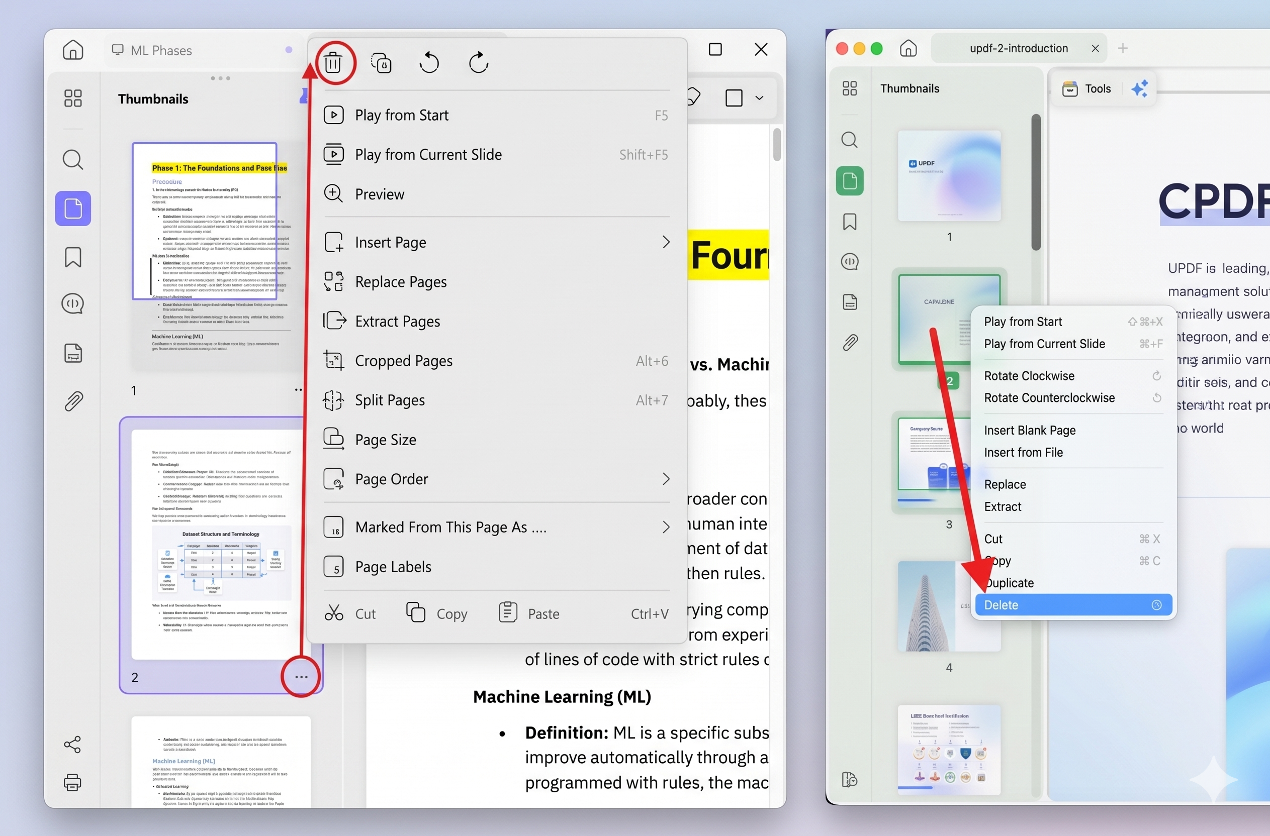 Deleting the second page using the sidebar panel, Windows & iOS side by side