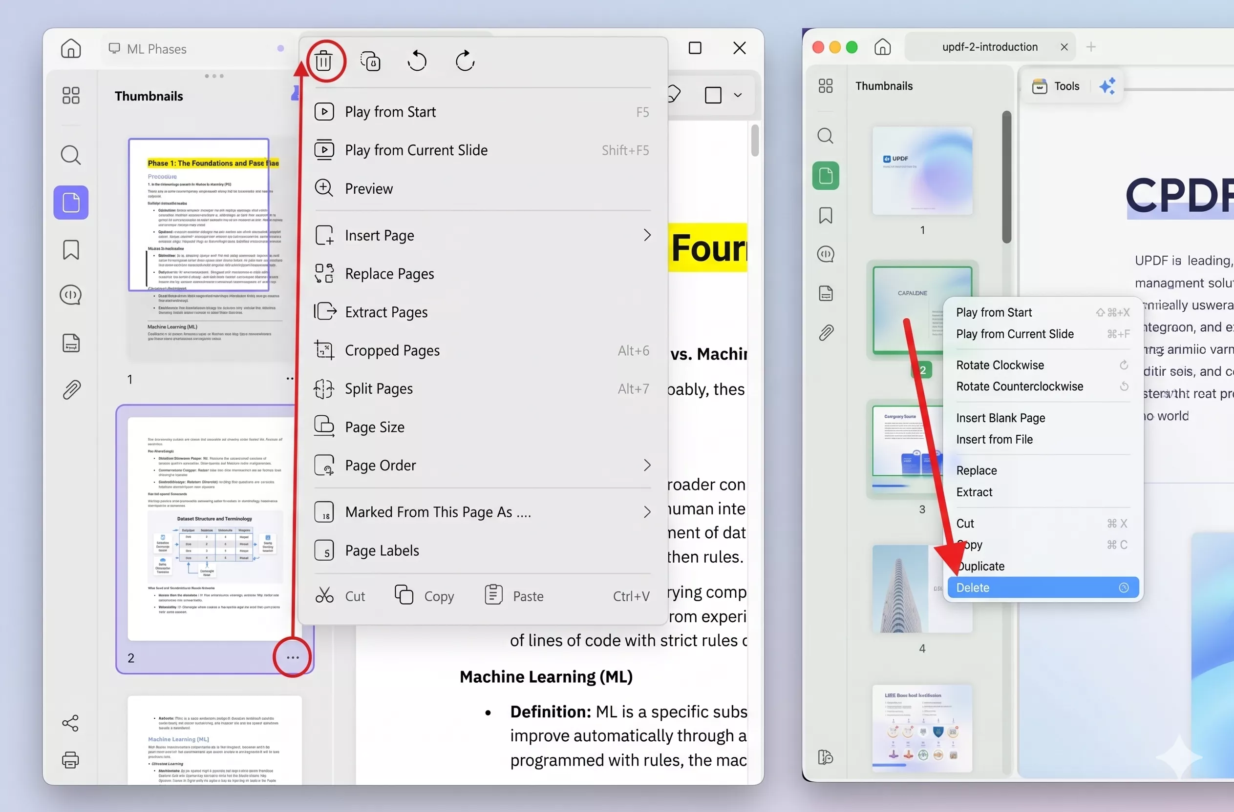 Deleting the second page using the sidebar panel, Windows & iOS side by side