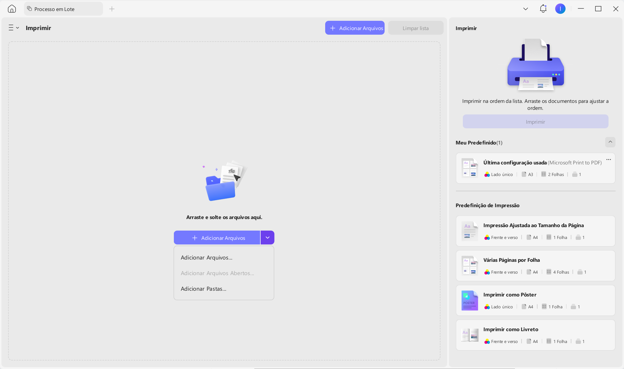 Adicionar arquivos para imprimir