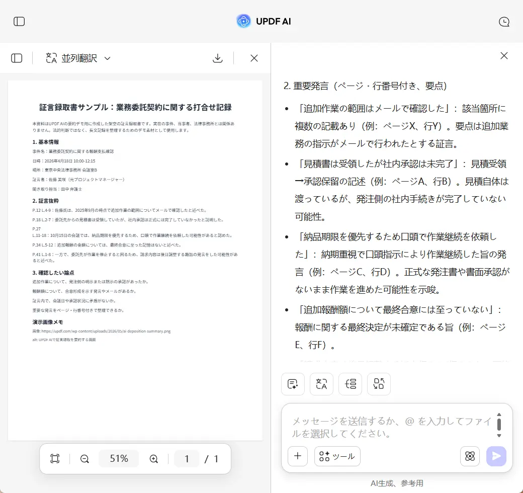 UPDF AIで証言録取を要約する画面