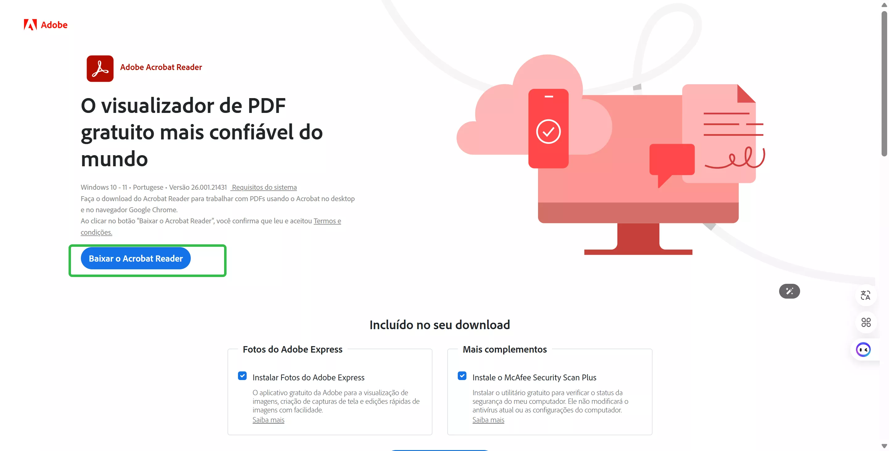 Toque em “Baixar o Acrobat Reader”