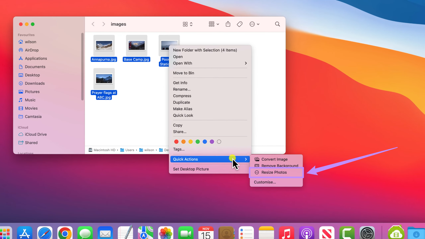 resize photos with quick actons