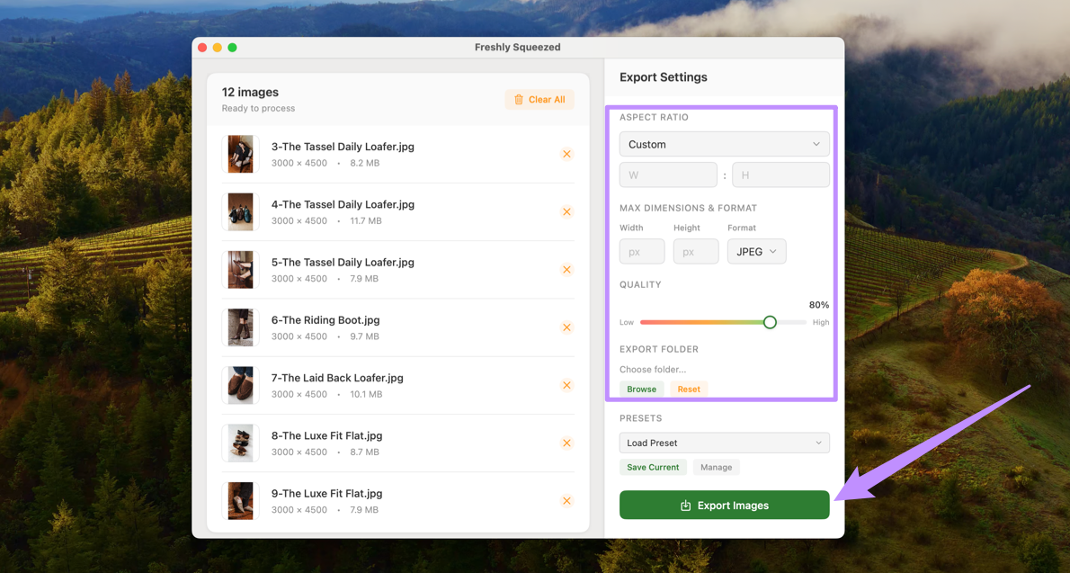 adjust settings and export images