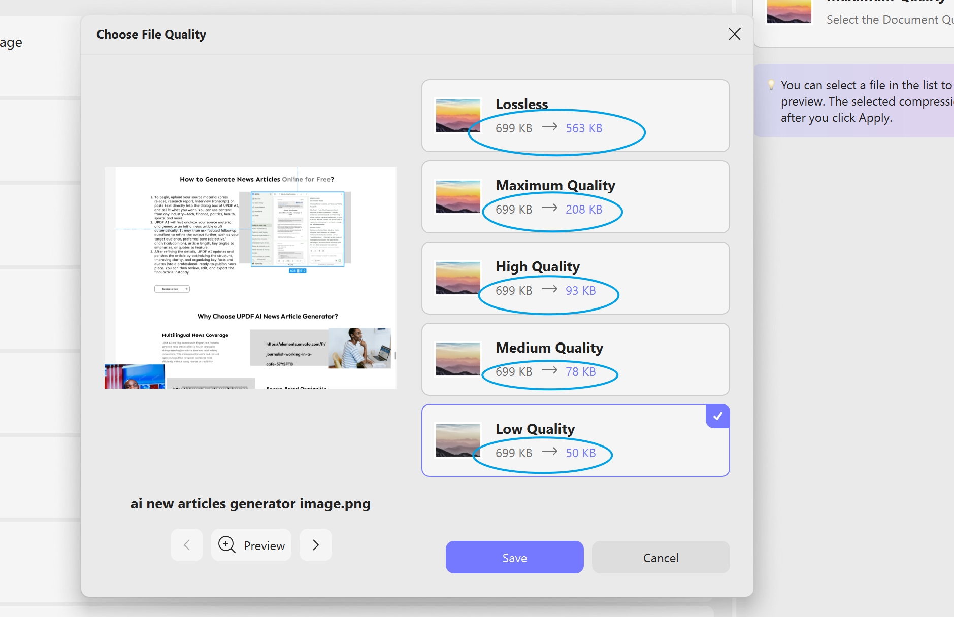 click to calculate file size and click save