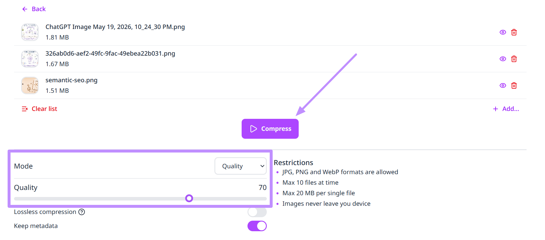 adjust compression level and compress